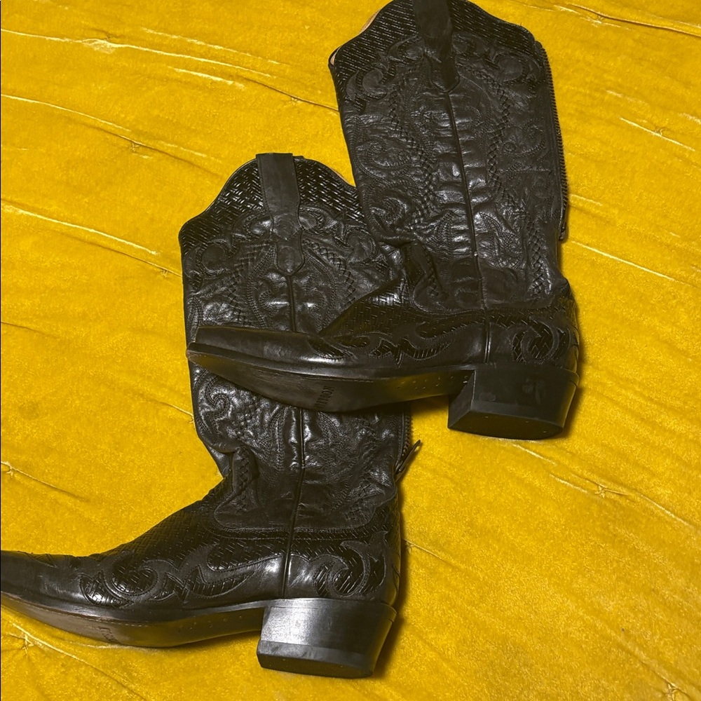 Stetson Vintage Leather Western Boots Black Zip Zipper Below Knee Size 9